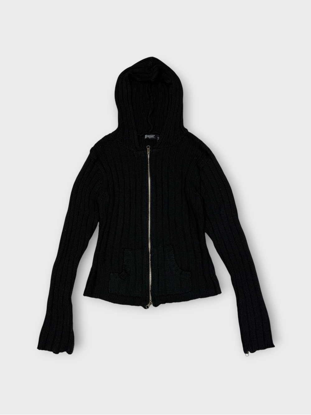 Temper Ribbed Knit Zip Hoodie, Black